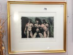 A limited edition hand coloured etching 7/10 on Fabriano paper of three posing male nudes, signed,