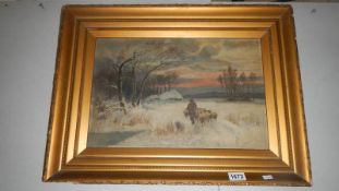 A Victorian winter scene oil painting 'Bringing home the sheep'