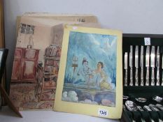 Various original watercolours, Frank Green, M D Irivedi,