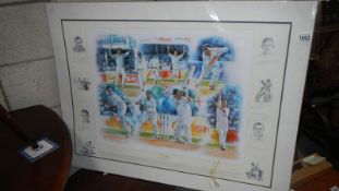 A large cricket related print with signatures