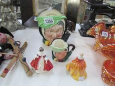 2 Royal Doulton Sarey Gamp character jugs and 2 figures (Southern Belle and Fragrance)