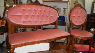 A mahogany framed double seat and matching chair