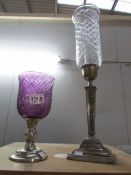 2 silver plate and glass candle lamps