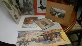 A collection of oils and watercolour pictures including Notre Dame,