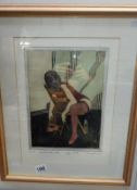 A limited edition hand coloured etching 3/15 on arches paper of posing seated lady, signed,