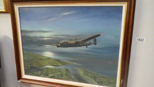 An oil on canvas of Avro Lancaster bomber flying over coast at daybreak,