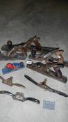 5 old steel wood planes including 22" Stanley jack plane and 3 spoke shaves