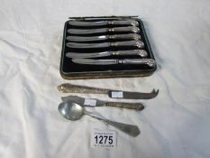 A cased set of 6 silver handled fruit knives (case a/d) and 3 other items