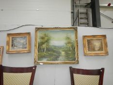 3 gilt framed oil on canvas country scenes