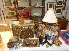 A mixed lot of brass and copper including log box, inlaid tray, bells, lamp etc.