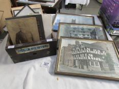 A box of photographs and postcards together with 3 framed and glazed Lincoln scenes