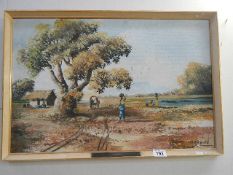 A framed and glazed oil on board African scene signed but indistinct