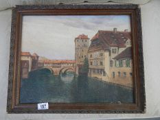 An oil on canvas bridge over river scene signed (partial hidden)