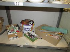 A shelf of knitting and sewing items