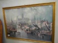 A framed and glazed print of Brayford Pool and Lincoln Cathedral after John Wilson Carmichael