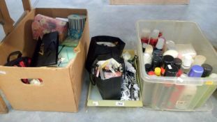 3 boxes of cosmetic makeup, bags & curling tools etc.