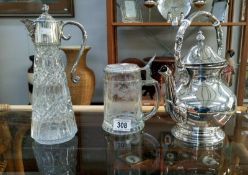 A good claret jug engraved 'boar' a tankard & silver plated teapot