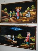 A pair of framed fabric Oriental farming scenes