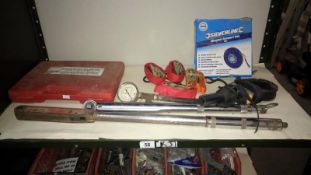 2 torque wrenches, a compression tester & a cased gear puller & bearing splitter set etc.