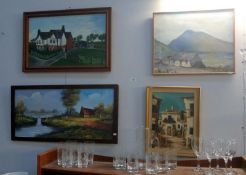 4 oil paintings - Scottish Highland scene featuring Crofters cottage signed REA.