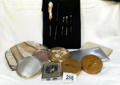 A mixed lot consisting of compacts, cigarette cases, evening handbag & hair pins etc.