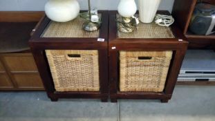 2 glass topped storage tables with wicker baskets
