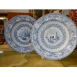 2 old blue and white dishes