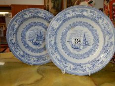 2 old blue and white dishes