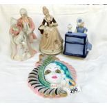 3 china figures of 18th century characters including 2 musical & a wall mask