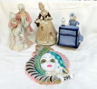 3 china figures of 18th century characters including 2 musical & a wall mask