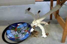 A dragonfly leaded glass uplighter & a painted wooden ceiling light