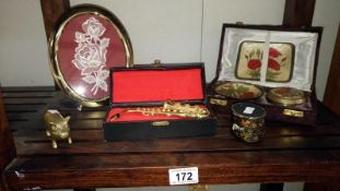 A quantity of cased metal trays, papier mache pot & brass pig etc.