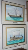 A pair of oil on canvas paintings of ships - Roman War Galley and Greek Triremes by R McWhirter
