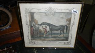 An engraving of a racehorse entitled The Portraiture of Babraham featuring the coat of arms of the