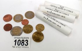 A collection of euro coins including 3 rolls of Cyprus 1 cent coins