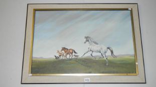 An oil on canvas painting of a stallion and mares by R McWhirter signed