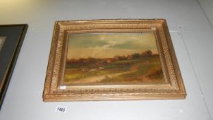 A 19th century oil on canvas painting of a rural scene featuring farm buildings & sheep (no
