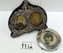 A small silver twin photo frame & a small round silver frame
