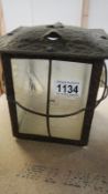 A 1930s hammered copper hall lantern etched glass depicting sailing yachts