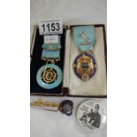 2 silver lodge medallions and 3 badges