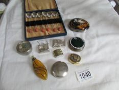 A mixed lot of collectable pill boxes, a scent bottle,