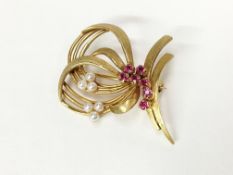 A 9ct gold ruby and pearl brooch