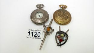 2 Celtic brooches & 2 modern pocket watches