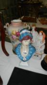 A French bust signed Margueritte de Depose with flat-back Scottish couple and vase (a/f)