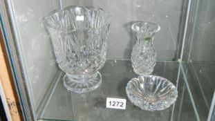 A large Waterford vase, posy vase and ashtray