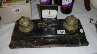 A marble desk set with brass inkwells (no liners)