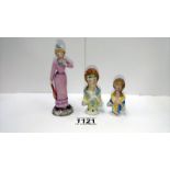 2 early 20th century foreign porcelain pin cushion dolls & a continental figurine tennis player