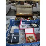 A jewellery box with contents and a tray of assorted jewellery
