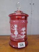 A Mary Gregory cranberry glass sweet jar (small chip to rim)