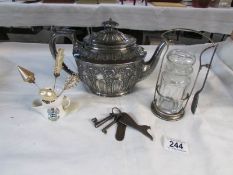 A silver plated tea set, an unusual schweppes bottle opener, jam pot,